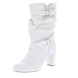 White Vegan Leather Double Strapped Slouch Boots
